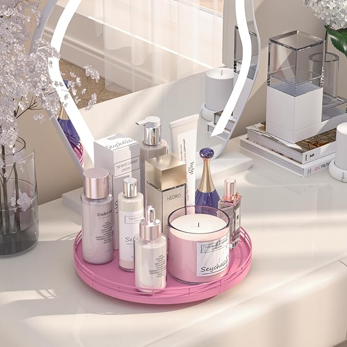 12" Oak Wood Bathroom Tray for Counter, Vanity Tray for Perfume Lotion Candle Makeup Jewelry Sink Soap Holder Turntable Dresser Organizer Countertop Coffee Table Decor Organization and Storage Pink