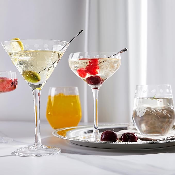 Premium Delight Vintage Cocktail Glasses Set of 4, 9.6 oz – Hand-Blown with Etched Long Stem, Classic Glassware for Weddings, Dinners, and Holiday Gifting (Martini Glasses)