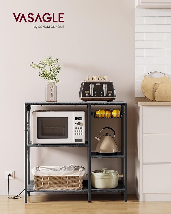 VASAGLE Baker's Rack, Coffee Bar Stand with Charging Station, Storage Shelves, Pull-Out Wire Basket, Table for Microwave, Kitchen, Charcoal Gray UKKS036B22, 15.7 x 35.4 x 35.6 Inches