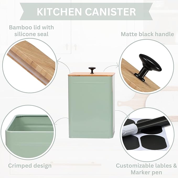 PERFNIQUE Kitchen Canisters, Airtight Canister Sets of 4 for Kitchen Counter, Sage Green Kitchen Accessories, Coffee Tea Sugar Flour Spice Tin Jars Food Storage (Sage Green)