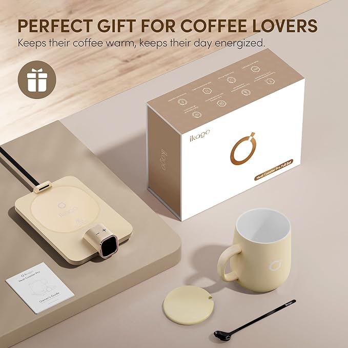 Coffee Mug Warmer Set, Temperature Control Smart Heated Mug for Desk, Electric Coffee Warmer with Auto Shut Off & Real-Time Temp Display, Gifts for Men Women, 15oz, Beige