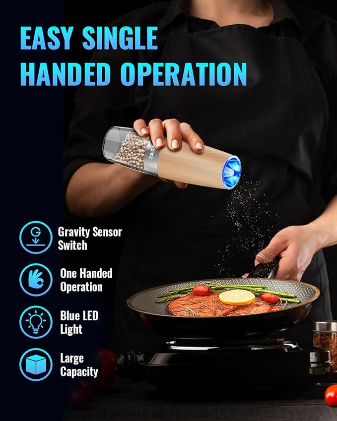 XinXu Gravity Electric Pepper Grinder, Salt or Pepper Mill & Adjustable Coarseness, with LED Light, One Hand Automatic Operation (Set/WoodGrain)