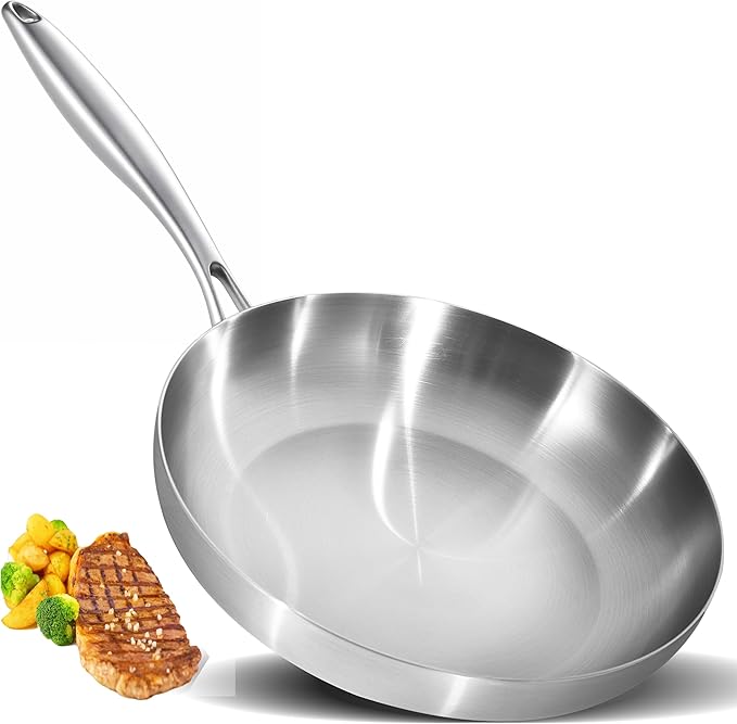 LOLYKITCH 12 Inch Tri-Ply Stainless Steel Frying Pan,Skillet,Induction Cooking Pan,Dishwasher and Oven Safe,Heavy Duty and Detachable Handle.
