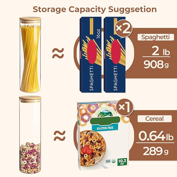 ComSaf Glass Spaghetti Pasta Storage Container for Kitchen Pantry with Lids 41oz Set of 3, Tall Clear Airtight Food Storage Jar with Sealing Wood Cover for Coffee, Sugar, Noodles, Linguini, Lasagna