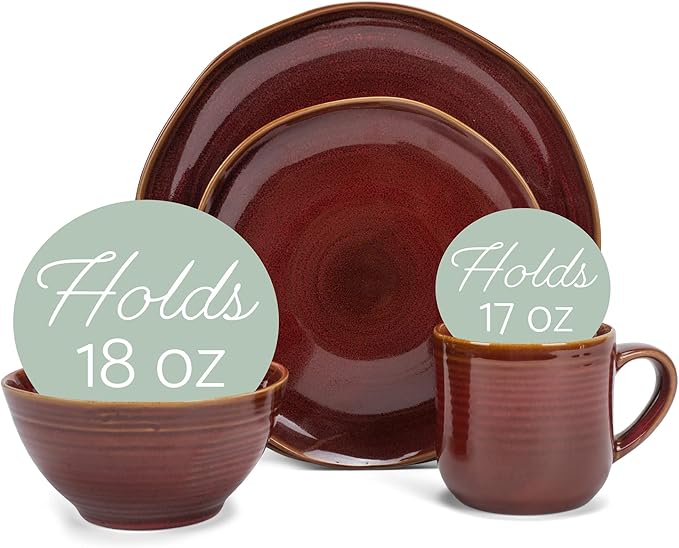 Elanze Designs Reactive Glaze Farmhouse Rustic Boho Ceramic Stoneware Dinnerware 16 Piece Plate Bowl Mug Dish Set - Service for 4, Burnt Auburn Red