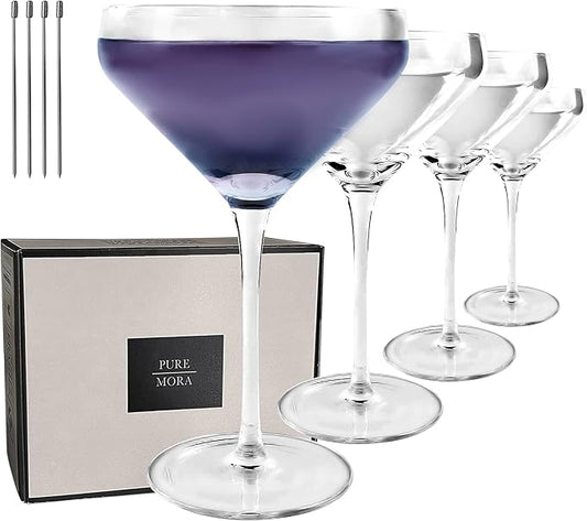 PURE MORA The Remy Coupe - Set of 4, 8oz Handblown Premium Crystal Martini Glasses for Cocktail, Gin & Tonic, Cosmopolitan, Manhattan, Bar, Fancy Mixology, etc. Modern Angle Drinking Glassware
