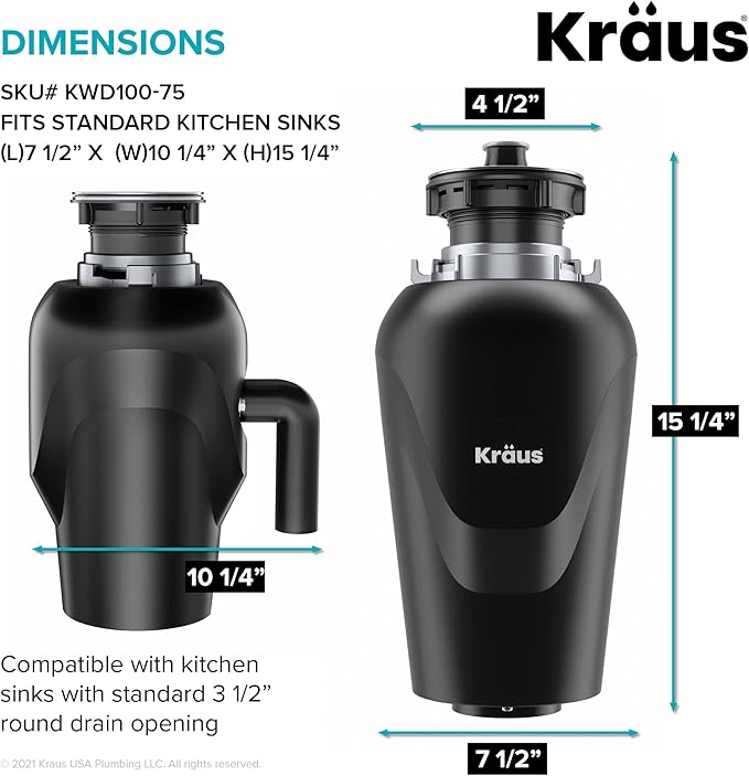 KRAUS WasteGuard 3/4 HP Ultra-Quiet Garbage Disposal with Quick Connect, Kitchen Sink Drain Cover, Power Cord and Flange Included, KWD100-75MBL