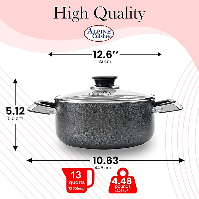 Alpine Cuisine 13 Quart Non-stick Stock Pot with Tempered Glass Lid and Carrying Handles, Multi-Purpose Cookware Aluminum Dutch Oven for Braising, Boiling, Stewing