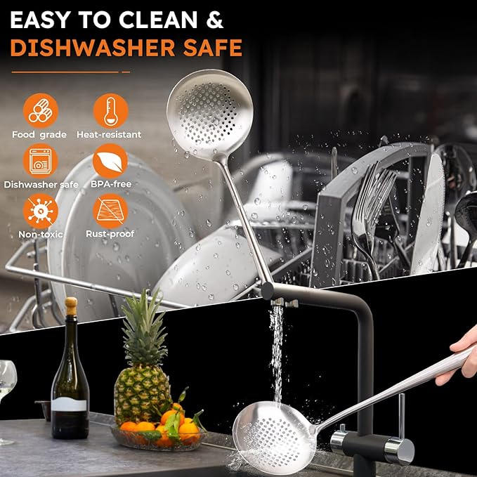 MARTE 17'' Skimmer Slotted Spoon - 304 Stainless Steel Skimmer Ladle Spider Strainer Spoon for Cooking and Frying - Long Pasta Strainer Tools Frying Spoon Kitchen Cooking Utensils Colander Spoon