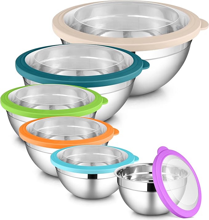 LIANYU Metal Mixing Bowls with Visible Lid Sets of 6, Large Size 7, 3.5, 2.5, 2, 1.5, 1QT, Stainless Steel Nesting Serving Bowl for Kitchen, Baking, Storage, Food Prepping, Cooking, Multi-Color