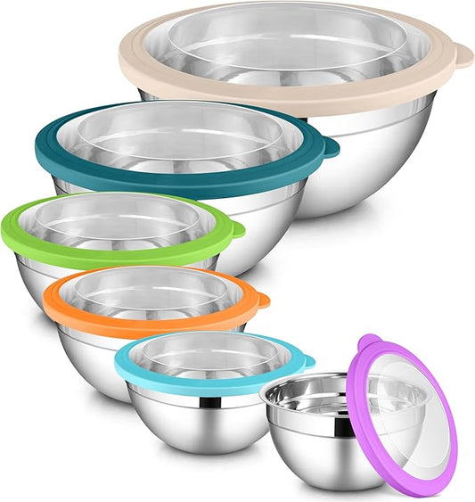 LIANYU Metal Mixing Bowls with Visible Lid Sets of 6, Large Size 7, 3.5, 2.5, 2, 1.5, 1QT, Stainless Steel Nesting Serving Bowl for Kitchen, Baking, Storage, Food Prepping, Cooking, Multi-Color