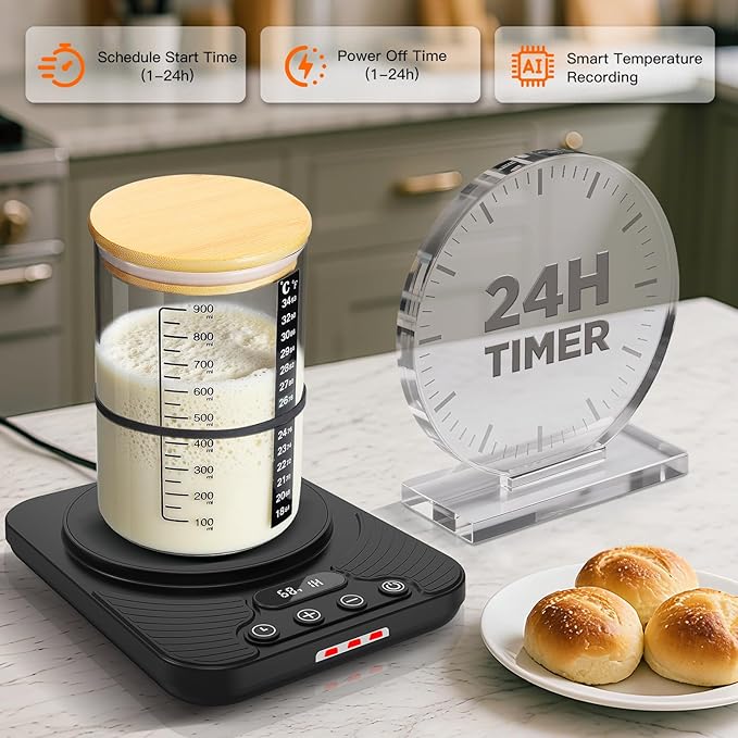 Sourdough Starter Warmer Kit with 34oz Glass Jar & Thermometer - 24H Timer Auto ON/OFF, 1°F Control (70-100°F), Smart Warming Memory, Sour Dough Bread Starter Heater Accessories, Home Baker Tool Gifts