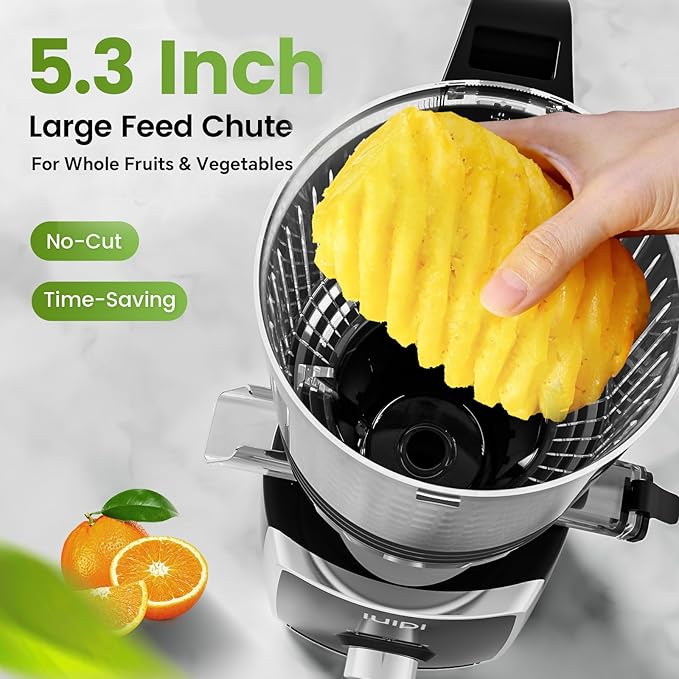 Cold Press Juicer Machines, 5.3" Large Feed Chute Slow Masticating Juicer, 99% Juice Yield, Ultra Quiet, Easy Clean, BPA Free – Ideal Self-Feeding Juicer for Whole Fruits & Vegetables (Black)