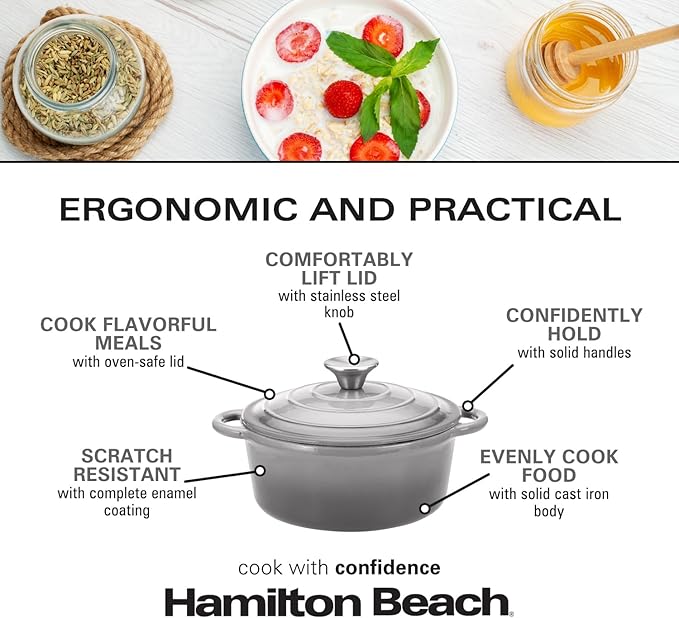 Hamilton Beach 3-Quart Enameled Cast Iron Dutch Oven with Lid | Cream Interior for Even Heat Distribution, Gray