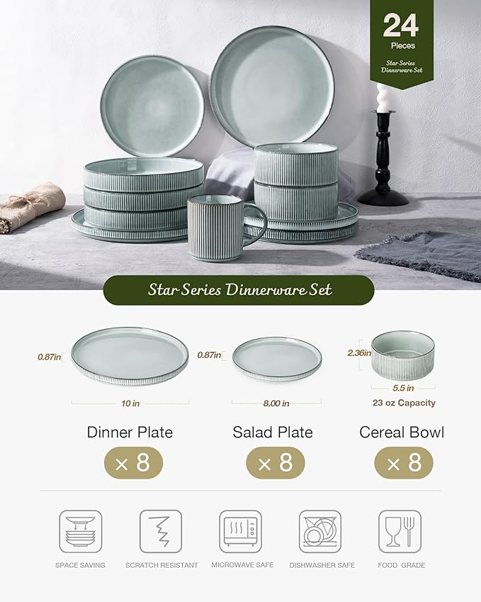 famiware Star Plates and Bowls Sets, Modern Stoneware Dinnerware Sets for 8, 24-Piece Kitchen Dish Set - Microwave and Dishwasher Safe, Chip and Scratch Resistant, Smoky Blue