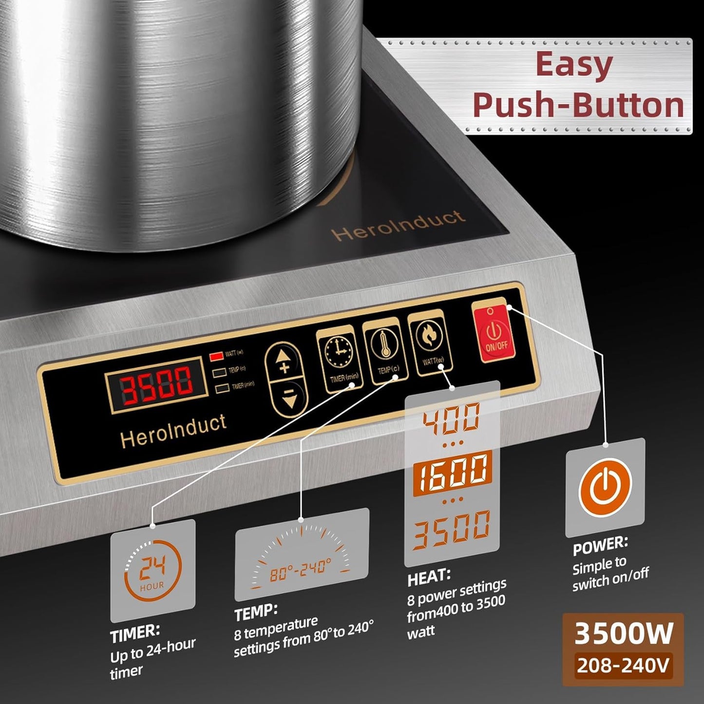 Portable Induction Cooktop 208-240V 3500W Commercial Range Countertop Burner Dual IGBT Modules 8 Heating Level Timer Sensor Push-Button Premium Stainless Steel Housing Ceramic Glass（Black）