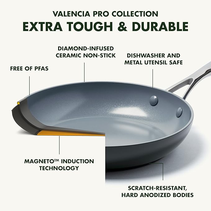 GreenPan 11" Valencia Pro Ceramic Nonstick Frying Pan Skillet, Hard Anodized PFAS-Free Cookware, Induction Ready, Compatible on All Cooktops, Dishwasher & Oven Safe, Stainless Steel Handle, Gray