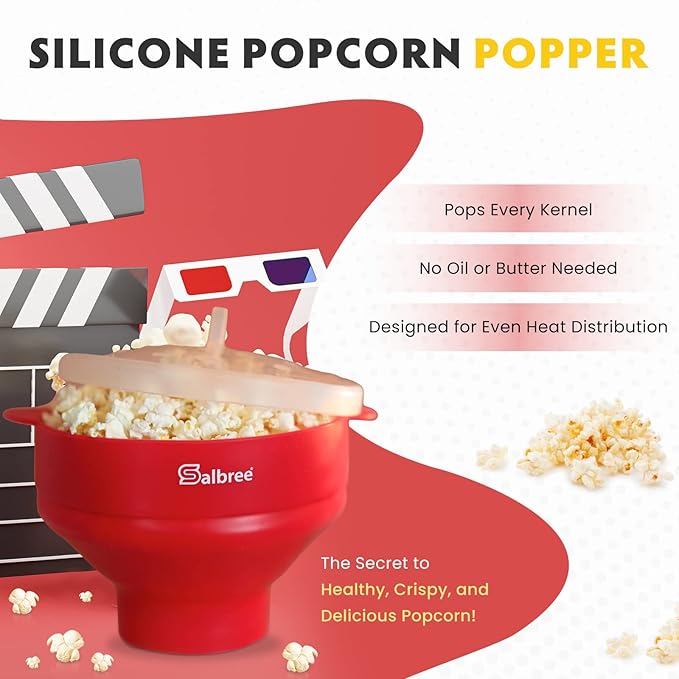 The Original Salbree Collapsible Silicone Microwave Popcorn Popper Maker Machine, Microwavable Bowl Holds 16 Cups, Uses Hot Air and Oil Always Optional - The Most Colors Available (Ruby Red)