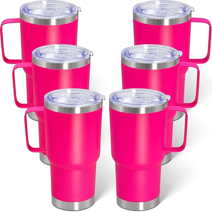 20 oz Tumbler with Handle and Lid, Stainless Steel Tumbler Insulated Travel Coffee Mug, Spill Proof Double Wall Vacuum Tumbler Cup Keep Drink Hot & Cold, Hot Pink, 6 Pack