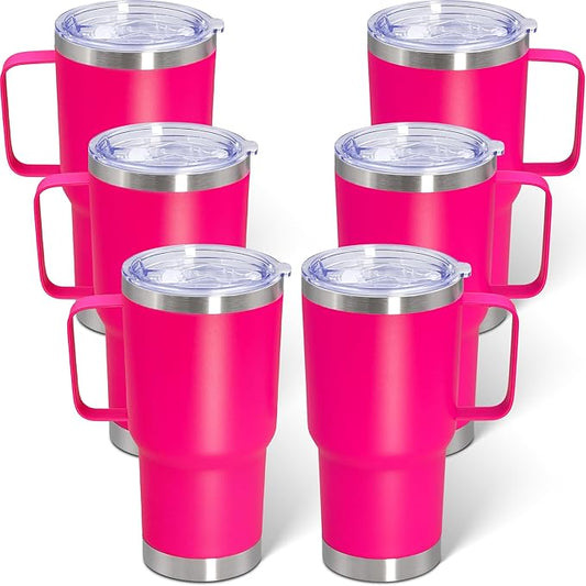 20 oz Tumbler with Handle and Lid, Stainless Steel Tumbler Insulated Travel Coffee Mug, Spill Proof Double Wall Vacuum Tumbler Cup Keep Drink Hot & Cold, Hot Pink, 6 Pack