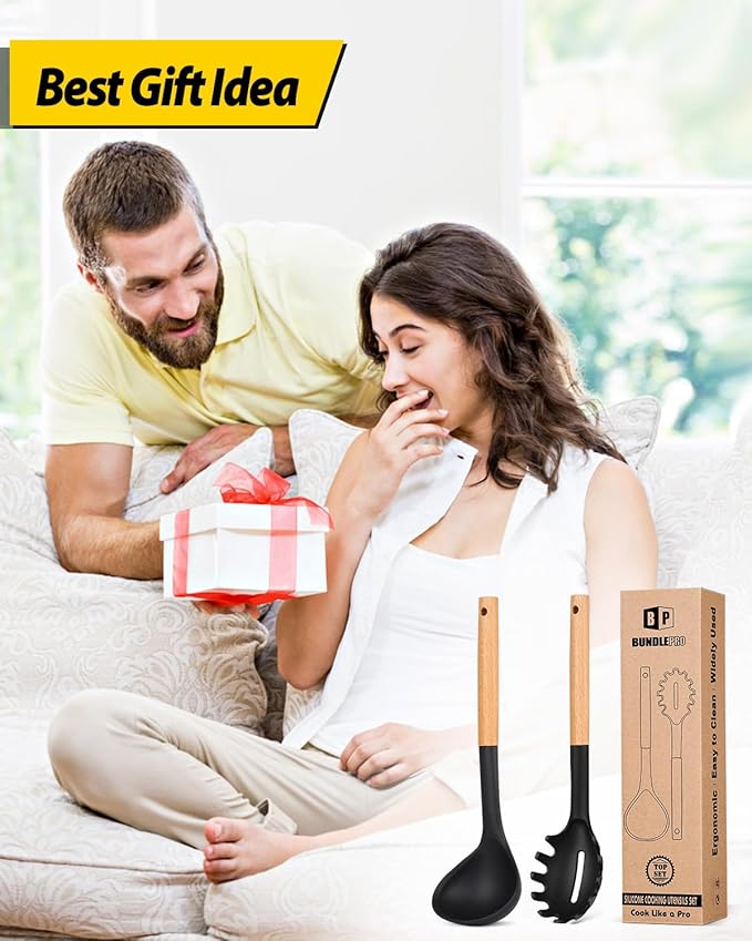 Silicone Pasta Fork and Ladle Spoon Set with Wooden Handle, Heat Resistant Non Stick Kitchen Utensils for Cooking, Stirring, Serving Spaghetti, Soup, Sauce(BLACK)