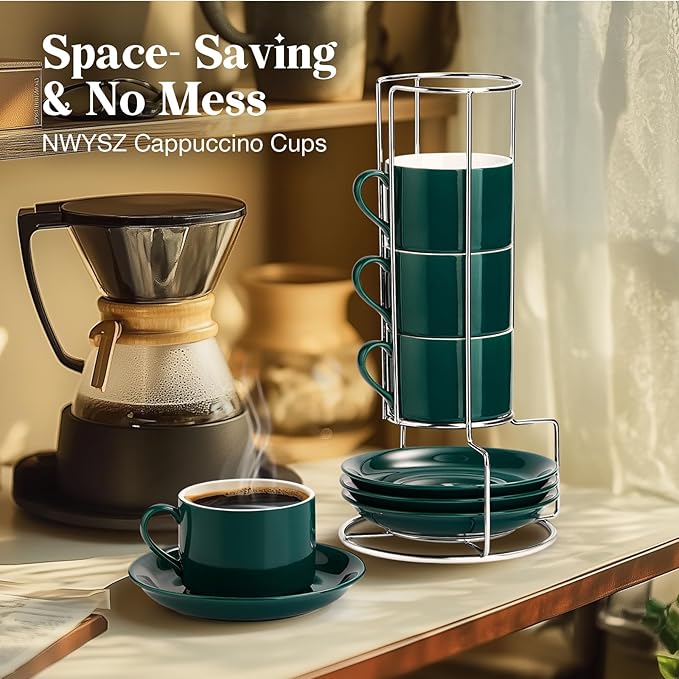 8 Ounce Green Porcelain Stackable Cappuccino Cups with Stainless Steel Holder, Set of 4, Durable Ceramic, Perfect for Home, Office or Gift