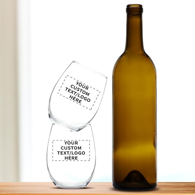 Custom Stemless Wine Glass 9 oz. Set of 100, Personalized Bulk Pack - Great for Wedding Favors, Bachelorette Party Decorations, Party Favors, Color Bottom - Clear