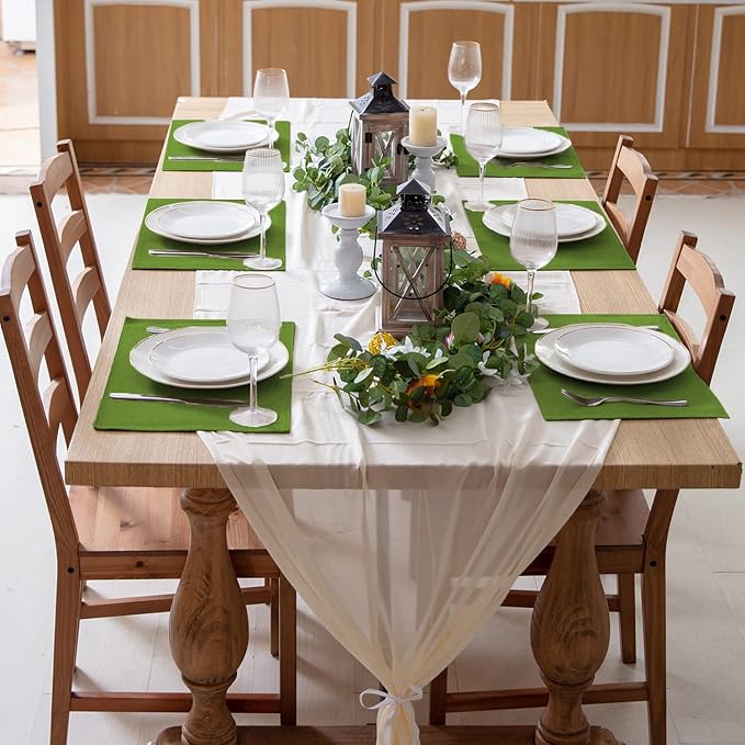 Linen Fabric Placemats Set of 6, Machine Washable, Heat Resistant, Wrinkle Free, Thick Polyester Kitchen Place Mats for Dining Table (Green)