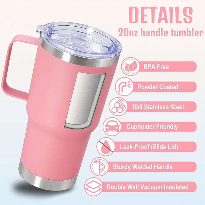 20 oz Tumbler with Handle and Lid, Stainless Steel Tumbler Insulated Travel Coffee Mug, Spill Proof Double Wall Vacuum Tumbler Cup Keep Drink Hot & Cold, Pink, 6 Pack