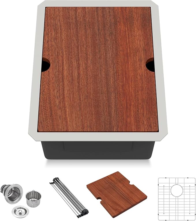 Lordear Undermount Bar Sink 15 x 19 x 10 Inch Kitchen Sink 16 Gauge Stainless Steel Small Sinks Kitchen Single Bowl Workstation with Cutting Board