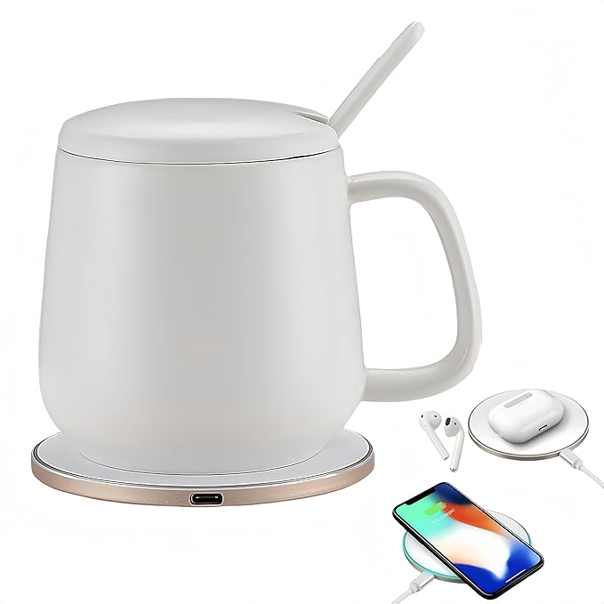 Smart Temperature Control Mug, 13 Oz Premium Ceramic Coffee Cup with 15W Wireless Charger, Charges Phones, Ceramic White