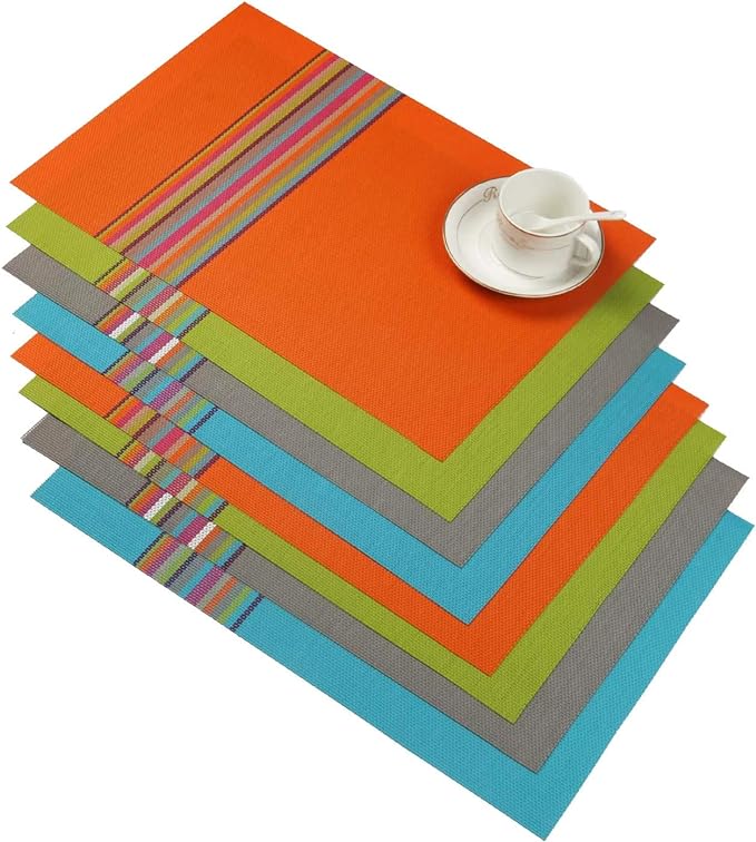 SHACOS Colorful Placemats Set of 8 Woven Vinyl Place Mats for Dining Table Coffee Table Heat Resistant Reversible Table Mat Wipe Clean (8, Multicolor)