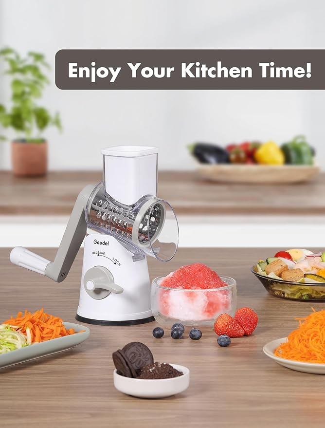 Geedel Rotary Cheese Grater Cheese Shredder - Upgraded 5-in-1 Cheese Grater with Handle and Strong Suction Base, Multi-purpose Vegetable Slicer Ice Shaver Nuts Grinder for Ice, Vegetables, Fruit, Nuts