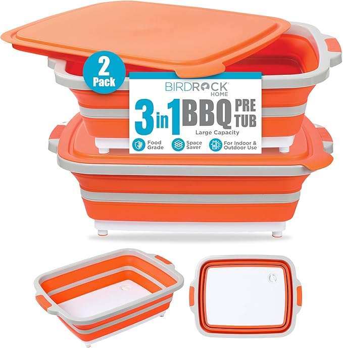 BIRDROCK HOME 2-pack Collapsible BBQ Prep Tub w/Cutting Board, Multi-Function Grill Caddy w/Colander & Lid, Portable Silicone Dish Bowl for Picnic, Tailgate, Camping (Orange, Large)