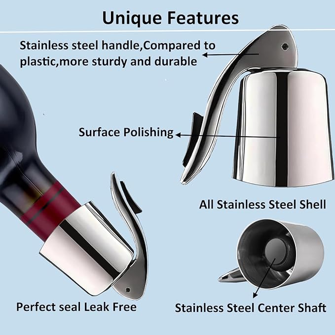 Stainless Steel Wine Bottle Stoppers with Silicone - Reusable Wine Freshness Keep,Wine Bottle Sealer Stopper, Ideal Wine Saver Accessory Gift (Silver,2 Pack)