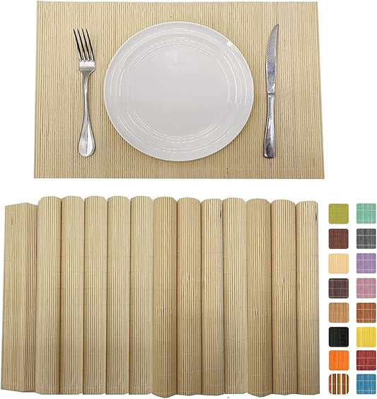 ANDSTAR Set of 12 Pcs Bamboo Placemats Sushi Rolling Mat Japanese Style Natural Anti-Slip Bamboo Placemats Washable Heat-Resistant Table Mats for Dining Room and Kitchen（ Natural Color）