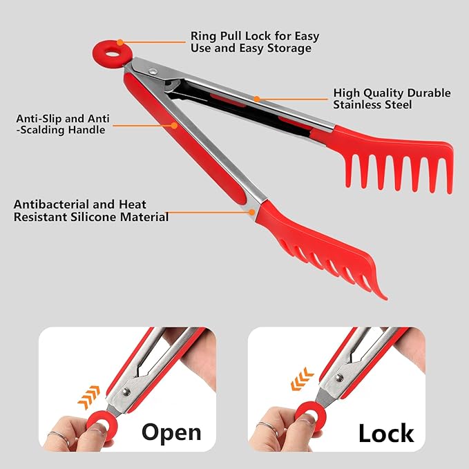2 Pieces Spaghetti Spoon and Pasta Tong,Non-stick 13 Inch Silicone Spaghetti Fork and 9.8 Inch Stainless Steel Handle Spaghetti Tong Food Clip for Spaghetti Noodle (Red)