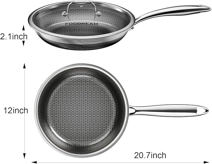 Fogdream 12” Pots and Pans Set Non Stick, Stainless Steel Pan with Lid, Dishwasher and Oven-Safe Frying Pan, PFOA Free and Induction Compatible Cookware Set, Silver