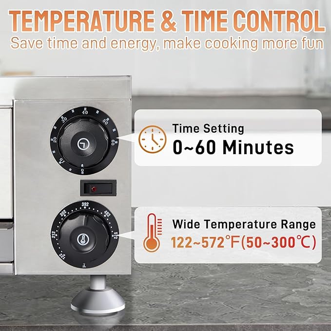 ROVSUN Electric Pizza Oven, 110V 1100W Stainless Steel Pizza Baker with Auto Shut-off, Handle, Removable Crumb Tray, Countertop Pizza Maker for Kitchen Commercial Home-Silver