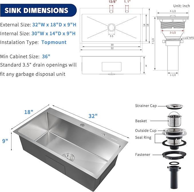 Kitchen Sink 32x18 Topmount Single Bowl Drop-in Sinks 304 Stainless Steel Handmade Home Bar Outdoor RV Sinks Brushed