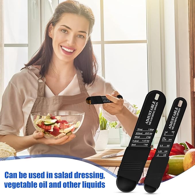 6 Pcs Adjustable Measuring Spoon Plastic Tablespoon and Teaspoon Set Baking Cooking Spoon Set for Chef Measuring Metering Kitchen Dry Liquid Ingredients Powder, 2 Sizes(Black)