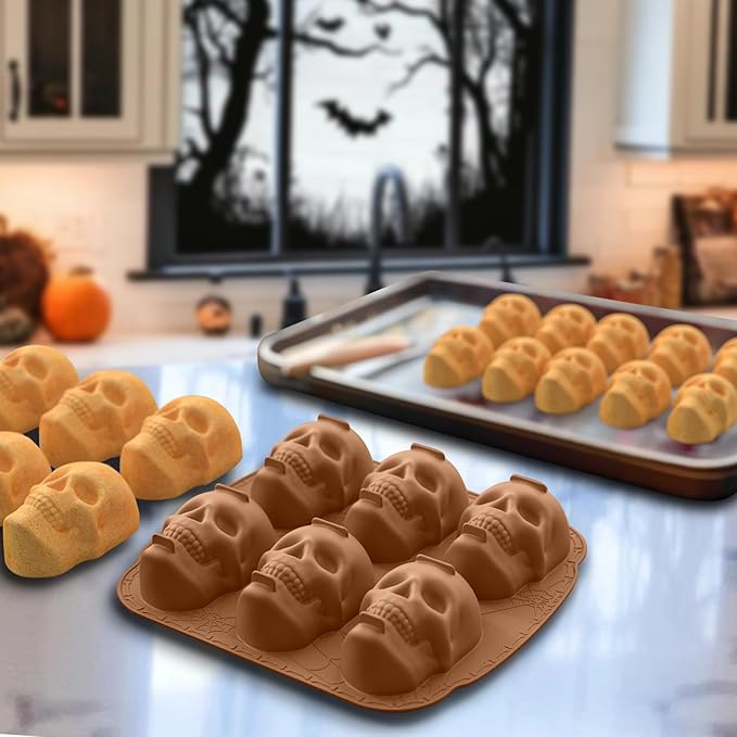 Halloween Skull Silicone Molds for Baking, 6 Cavities 3D Skull Baking Pan for Cake Chocolate, Skeleton Mold for Pizza Ice Wax Melt Jelly Resin (Black)
