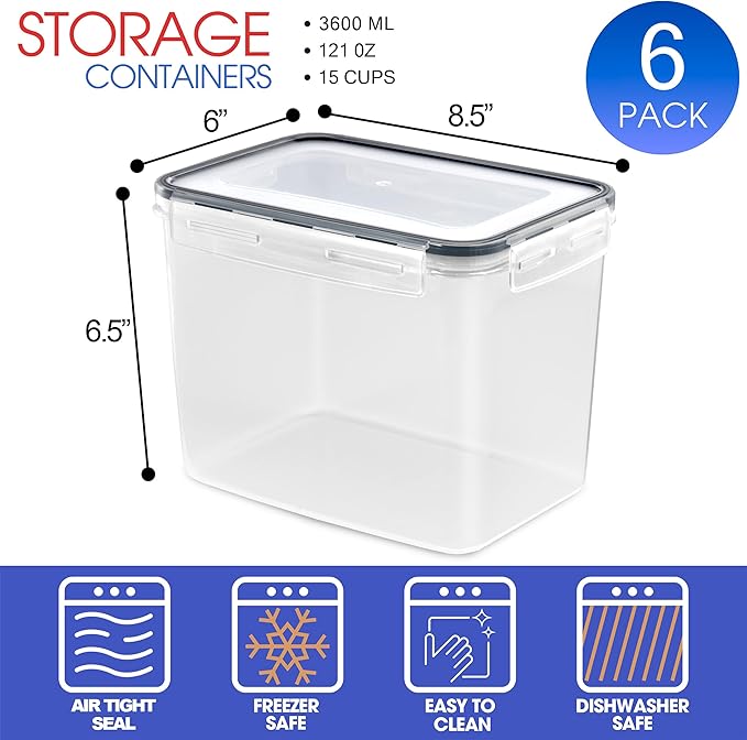 Sorbus Food Storage Containers - Pack of 6 - Air Tight, Four-Way Snap Lids Keeps Food Fresh - Store Cereal, Pasta, Flour, Nuts, Candy - Durable Plastic Kitchen Pantry Bins