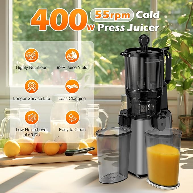 Juicer Machines with 5.8" Large Feed Chute, 400W Cold Press Juicer for Whole Vegetables and Fruits, Slow Masticating juicer Easy to Clean Juice Extractor Machine High Juice Yield(Titanium Gray)