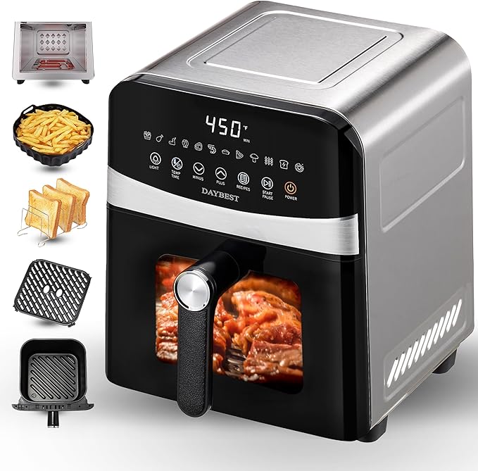 6QT Air Fryer, 2-3 Servings, 12-in-1 Dual Heats Stainless Steel & Full Metal Housing, Deep Basket with PFAS & PTFE-Free Premium Ceramic Coating, 1700W, DAYBEST Dishwasher Safe Kits (Stainless Steel)