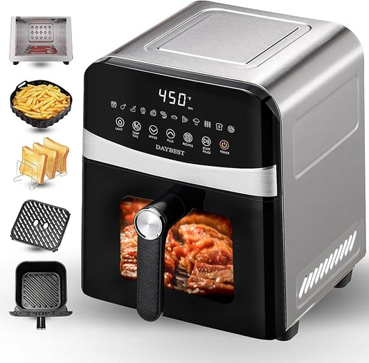 6QT Air Fryer, 2-3 Servings, 12-in-1 Dual Heats Stainless Steel & Full Metal Housing, Deep Basket with PFAS & PTFE-Free Premium Ceramic Coating, 1700W, DAYBEST Dishwasher Safe Kits (Stainless Steel)