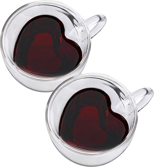 CNGLASS Mothers Day Gifts for Mom,Double Wall Heart Shaped Glass Coffee Mugs 8.5oz,Insulated Clear Tea Cups with Handle,Unique Glass Espresso Mugs for Coffee,Cappuccino,Latte,Milk,Set of 2