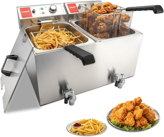 Valgus Dual Tanks Commercial Deep Fryer Electric 1700W 120V 26L Large Capacity Stainless Steel Countertop Kitchen Frying Machine with Basket & Lid, Drain System for Home Kitchen and Restaurant