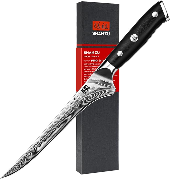 SHAN ZU 7 Inch Fillet Knife, Japanese Steel Damascus Boning Knife, Professional Sharp High Carbon Super Steel Kitchen Utility Knife with Ergonomic G10 Glass Fiber Handle