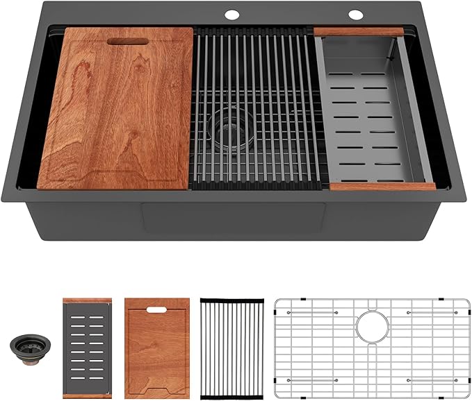 Lordear 36 Inch Black Drop In Kitchen Sink - 36x22x10 Inch Drop in Top Mount Sink 16 Gauge Stainless Steel Single Bowl Ledge Worktation Kitchen Sinks Handmade Deep Basin With Cutting Board